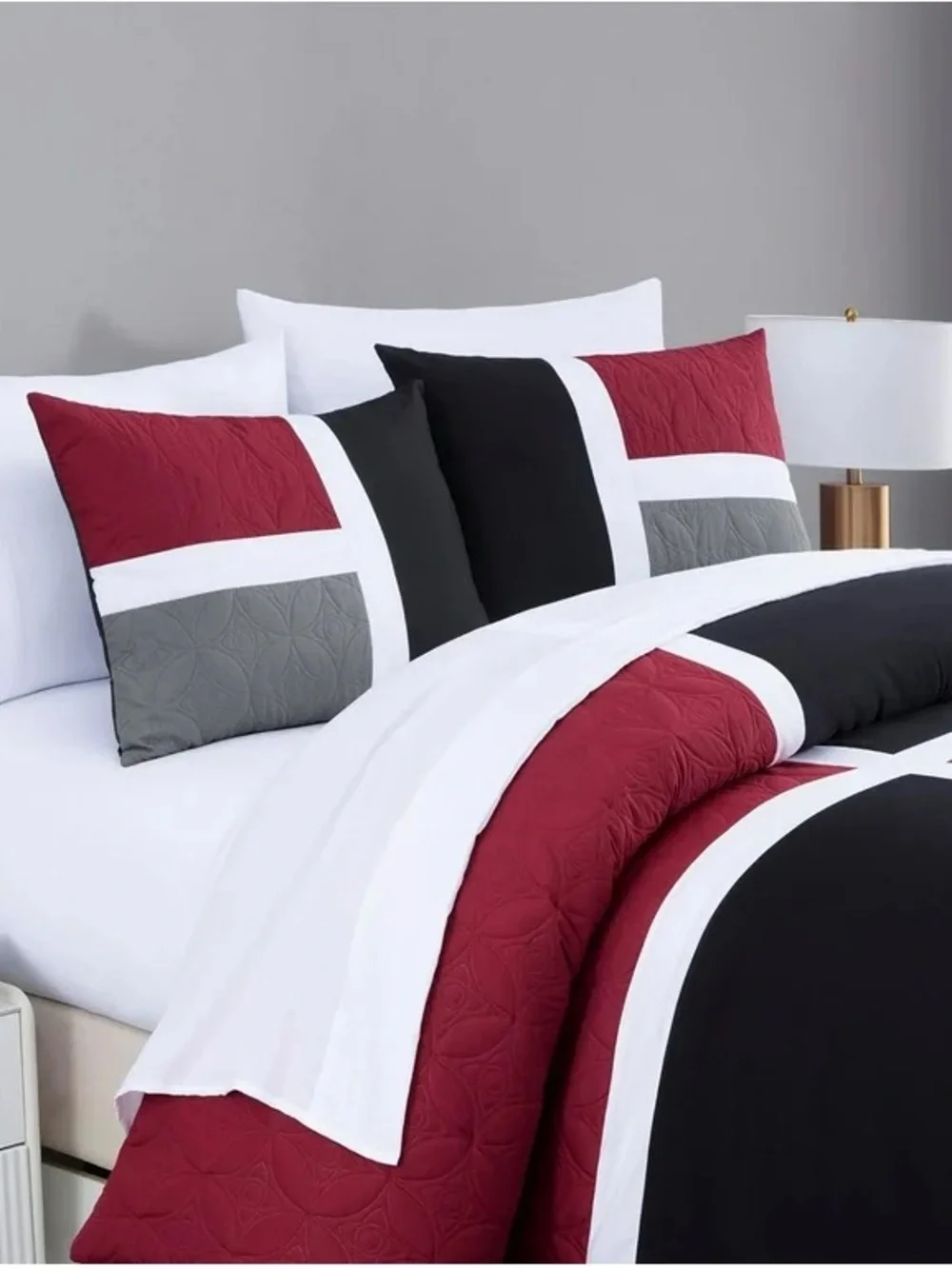 Modern Geometric Comforter Set in Black, Gray & Burgundy - Unbranded